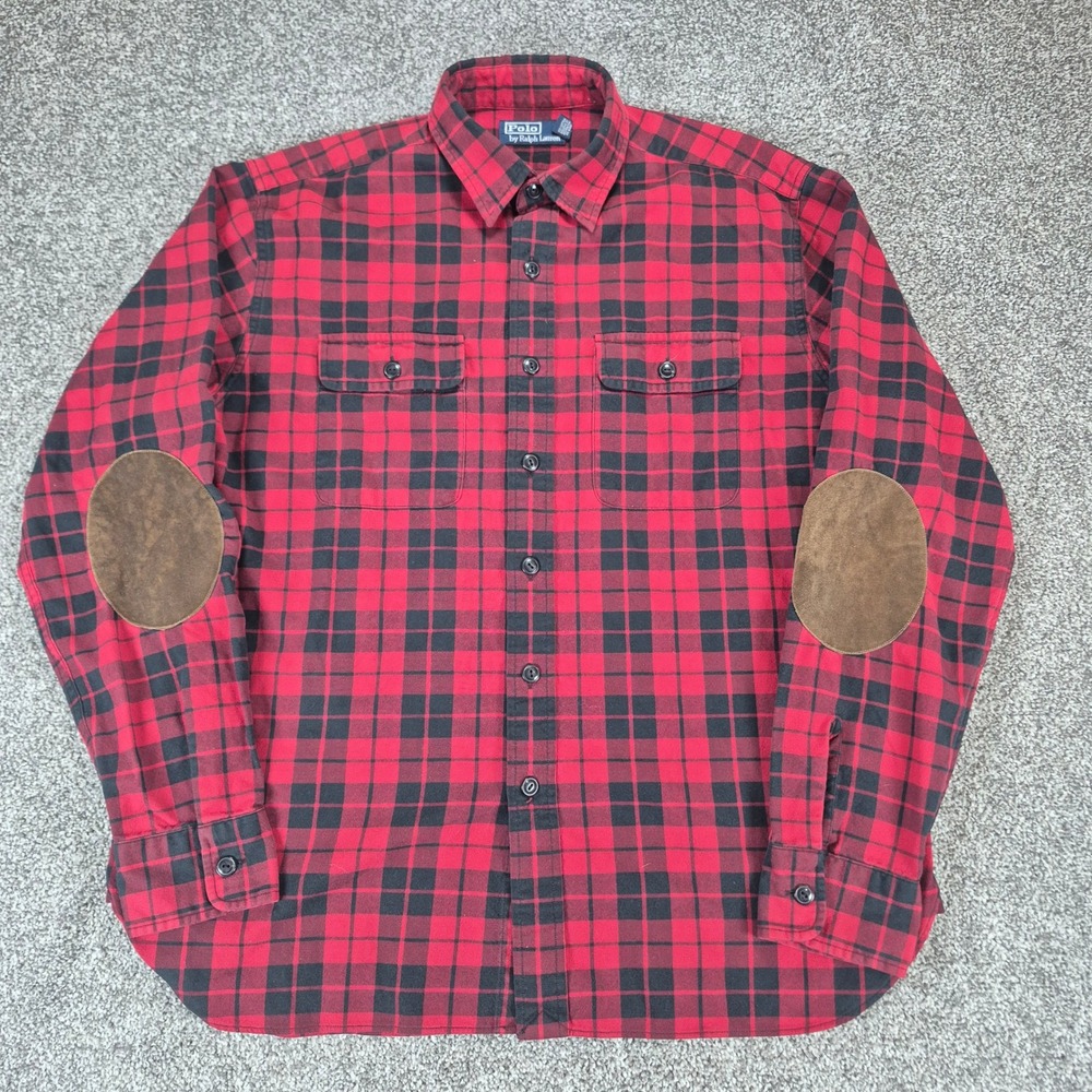 Vintage Polo Ralph Lauren Flannel Shirt Mens Large Red Plaid Elbow Patches
